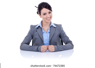 Young Beautiful Business Woman Behind The Desk, Isolated