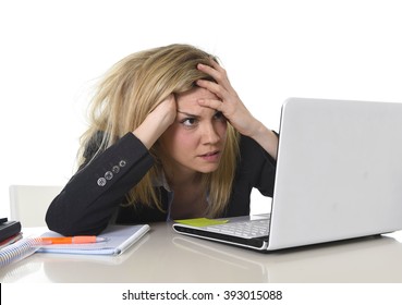 Young Beautiful Business Woman Suffering Stress Working At Office Computer Desk Feeling Tired And Desperate Looking Overworked Overwhelmed And Frustrated In Mess Chaos Situation