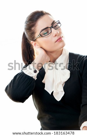 Young beautiful businesswoman having neck pain