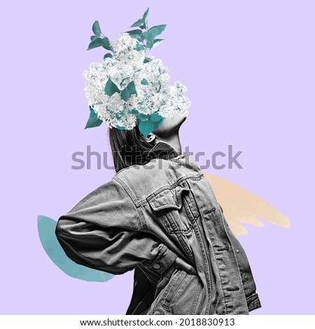 Young beautiful bw woman in denim clothes with white floowers instead of head. Smear of green and yellow paints. Surrealism, minimalism in artwork. Inspiration, creativity and fashion concept