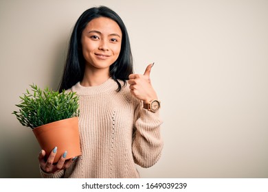 Young Beautiful Chinese Woman Holding Plant Pot Standing Over Isolated White Background Happy With Big Smile Doing Ok Sign, Thumb Up With Fingers, Excellent Sign