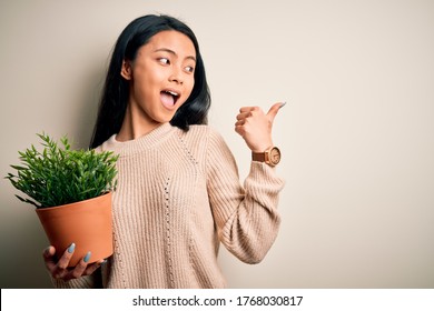 Young Beautiful Chinese Woman Holding Plant Pot Standing Over Isolated White Background Pointing And Showing With Thumb Up To The Side With Happy Face Smiling