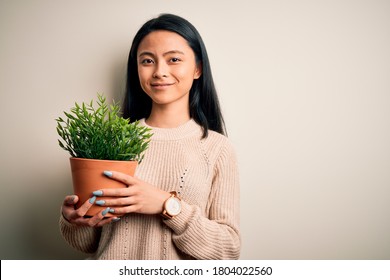 Young Beautiful Chinese Woman Holding Plant Pot Standing Over Isolated White Background With A Happy Face Standing And Smiling With A Confident Smile Showing Teeth