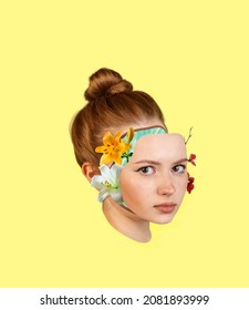 Young and beautiful. Contemporary art collage of tender girl with blooming face part elements isolated over yellow background. Concept of art, youth, beauty, creativity, inspiration, surrealism and ad