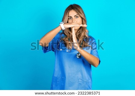 young beautiful doctor woman being upset showing a timeout gesture, needs stop, asks time for rest after hard work,