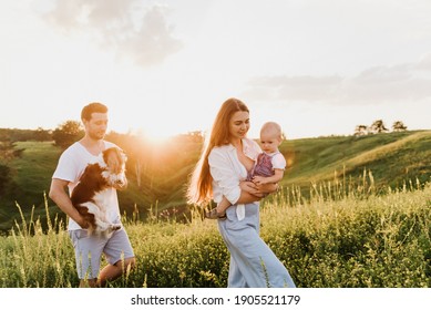 Young Beautiful Family With A Little Daughter And A Dog Hug, Kiss And Walk In Nature At Sunset.