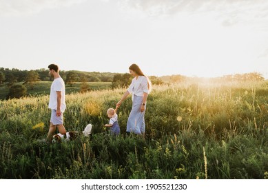 Young Beautiful Family With A Little Daughter And A Dog Hug, Kiss And Walk In Nature At Sunset.