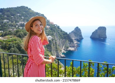 Young Beautiful Fashion Woman Strolling On Capri Island, Italy