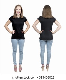 Young Beautiful Female With Blank Black Shirt, Front And Back. Ready For Your Design Or Artwork.full Body