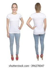 Young Beautiful Female With Blank White Shirt, Front And Back. Ready For Your Design Or Artwork.full Body