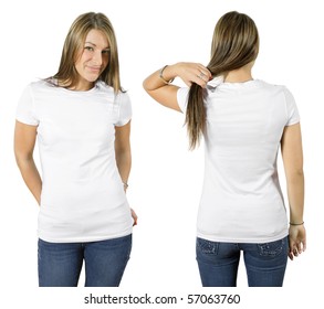 Young beautiful female with blank white shirt, front and back. Ready for your design or logo.