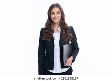 Young beautiful female teacher or happy student isolated on gray studio background. Portrait of college student with laptop. Woman working on laptop, freelance. - Shutterstock ID 2161968117