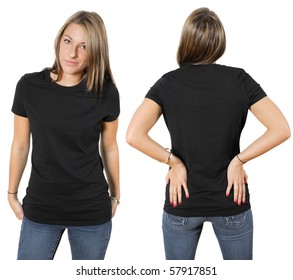 Young Beautiful Female Wearing Blank Black Shirt, Front And Back. Ready For Your Design Or Logo.
