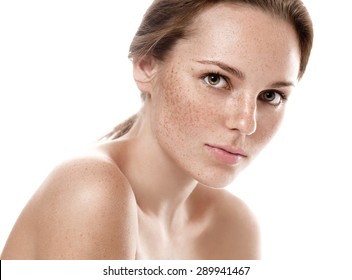 Young Beautiful Freckles Woman Face Portrait With Healthy Skin