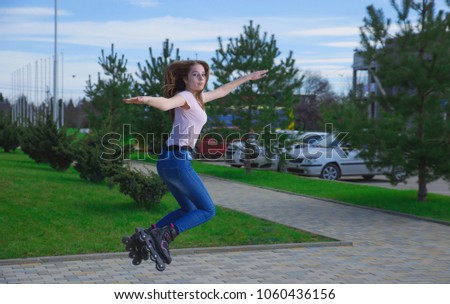 Similar – beautiful young woman having fun outside in park