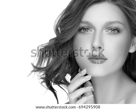 Young beautiful girl model face, beauty woman skin care black and white portrait