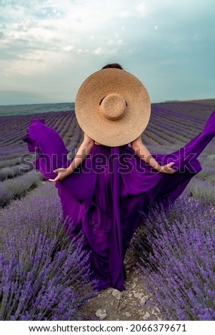 A young beautiful girl in a purple flying dress stands on a blooming lavender field. Rear view. The model has a straw hat