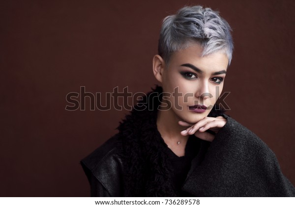 Young Beautiful Girl Short Gray Hair Royalty Free Stock Image