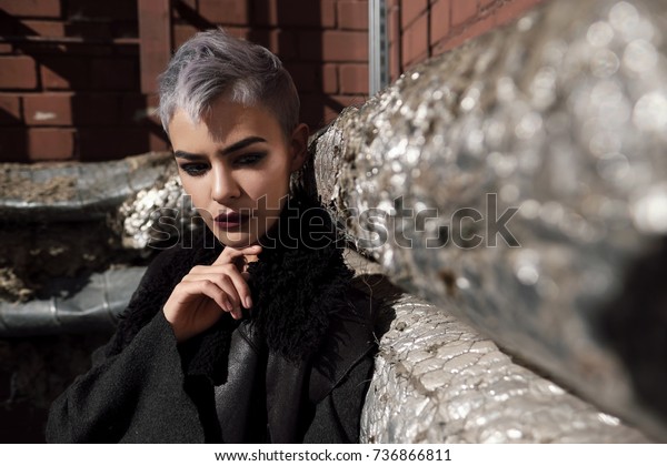 Young Beautiful Girl Short Gray Hair Stock Photo Edit Now 736866811