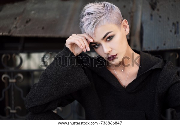 Young Beautiful Girl Short Gray Hair Stock Photo Edit Now 736866847