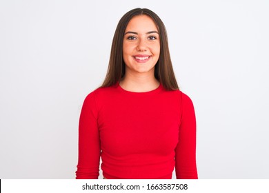 Young Beautiful Girl Wearing Red Casual T-shirt Standing Over Isolated White Background With A Happy And Cool Smile On Face. Lucky Person.