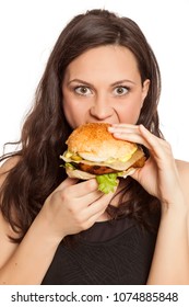 Young Beautiful Greedy Woman Eating Hamburger Stock Photo 1074885848 ...