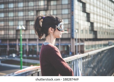 Young Beautiful Hipster Woman Success Aviator Glasses  In The City