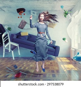 Young Beautiful Lady Fly In Zero Gravity Room. Photo Combination Creative Concept