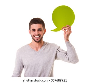 Young Beautiful Man Holding A Green Bubble For Text, Isolated On A White Background