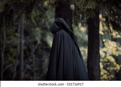 Young beautiful and mysterious woman in woods, in black cloak with hood, image of forest elf or witch