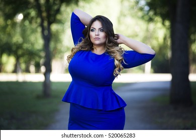 Young Beautiful Plus Size Model In Blue Dress Outdoors, Xxl Woman On Nature, Professional Makeup And Hairstyle