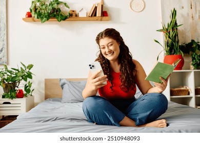 A young, beautiful plus-size woman relaxes at home, reading a book while smiling at her phone on her cozy bed. - Powered by Shutterstock