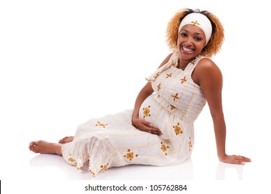 Young beautiful pregnant african woman , over white background