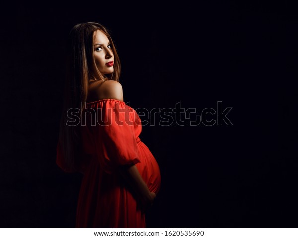 Young Beautiful Pregnant Woman Red Dress Stock Photo 1620535690 ...