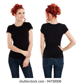 Young Beautiful Redhead Female With Blank Black Shirt, Front And Back. Ready For Your Design Or Artwork.