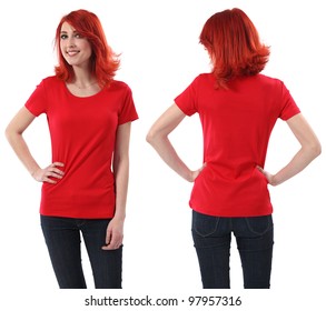 Young Beautiful Redhead Female With Blank Red Shirt, Front And Back. Ready For Your Design Or Artwork.