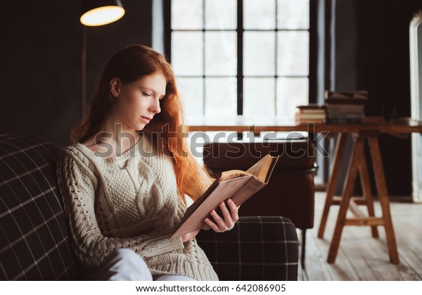 Portrait Of Dreamy Young Beautiful Redhead Woman Relaxing At Home Stock Image - Image of 