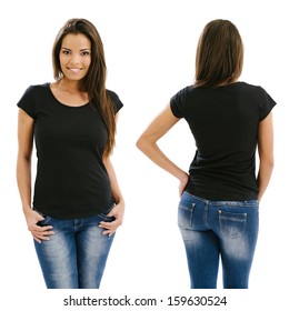 Young beautiful sexy female with blank black shirt, front and back. Ready for your design or artwork. 