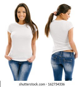 Young Beautiful Sexy Female With Blank White Shirt, Front And Back. Ready For Your Design Or Artwork.