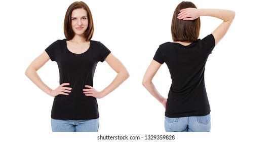 Young beautiful sexy female girl with blank black shirt, front and back. Ready for your design or logo.  - Shutterstock ID 1329359828