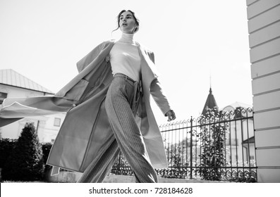 Young Beautiful Stylish Woman Walking In Street In Blue Coat, Autumn Fashion Trend, Smiling, Happy.