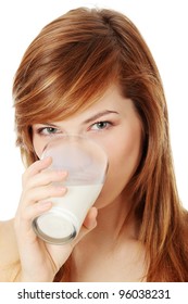 Young Beautiful Teen Woman Drinking Milk, Isolated On White