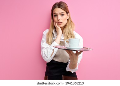 Young Beautiful Waitress Woman Holding Tray Over Isolated Pink Background Stressed