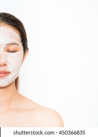 Young Beautiful Woman Applying Yogurt Facial Mask Skin Care, Beauty Treatments On White Background