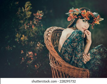 Young Beautiful Woman In Autumn Wreath On Head