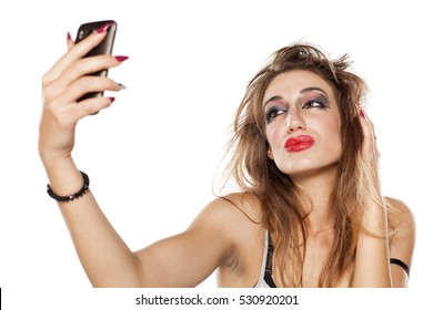 Young Beautiful Woman , Bad Makeup And Selfies