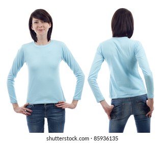 Young Beautiful Woman With Blank Light Blue Long Sleeve Shirt, Front And Back. Ready For Your Design Or Logo.