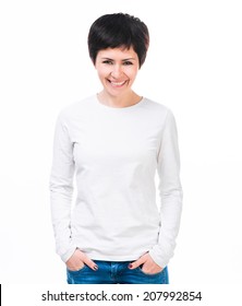 Young beautiful woman with blank white long sleeve shirt. 