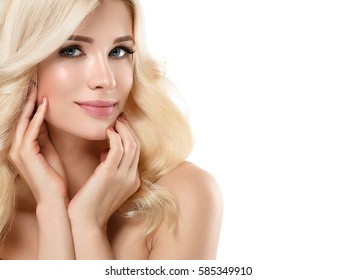 Young beautiful woman blonde curly hairstyle skin care concept portrait.