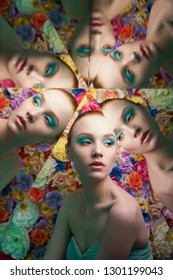 Young beautiful woman with bright colorfull makeup on flower background. Pretty girl pose in green evening dress in kaleidoscope. Art portrait with mirrors. Conceptual color photography. Fashion style